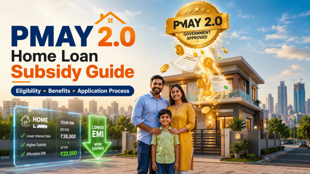 Current image: PMAY 2.0 Home Loan Subsidy Guide with Indian family, new home, lower EMI, subsidy benefits, and eligibility.
