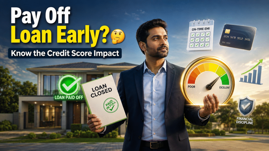 Current image: Indian professional holding a loan closure document and credit score meter, explaining the impact of early loan repayment on credit score.