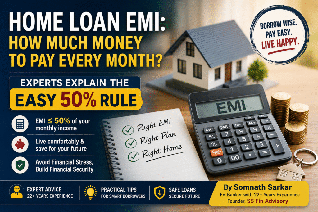Home Loan EMI 50% Rule explained by Somnath Sarkar with calculator, house model and monthly EMI planning tips for Indian home loan borrowers.